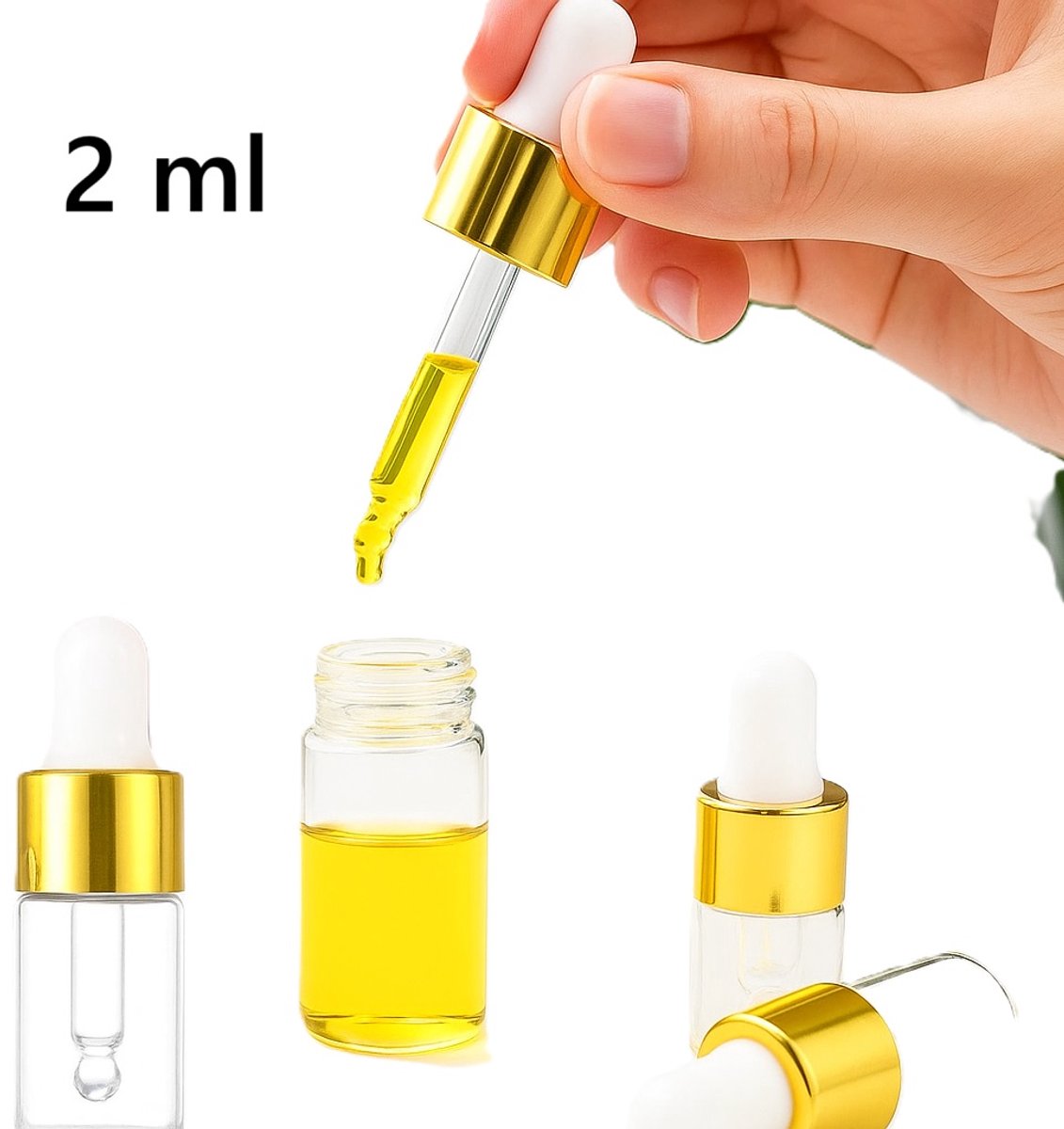 5x Mini Glazen Pipetflesjes 2 ml – Goud – Essentiële Oliën – Parfum – Cosmetic Samples – Lekvrij & Travel-Friendly