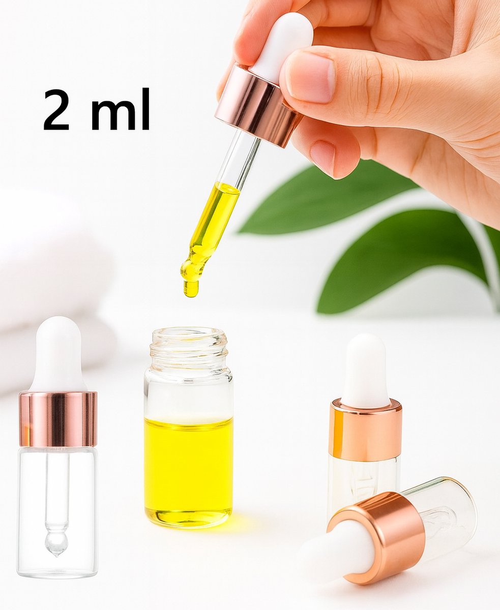 5x Mini Glazen Pipetflesjes 2 ml – Roze/Goud – Essentiële Oliën – Parfum – Cosmetic Samples – Lekvrij & Travel-Friendly