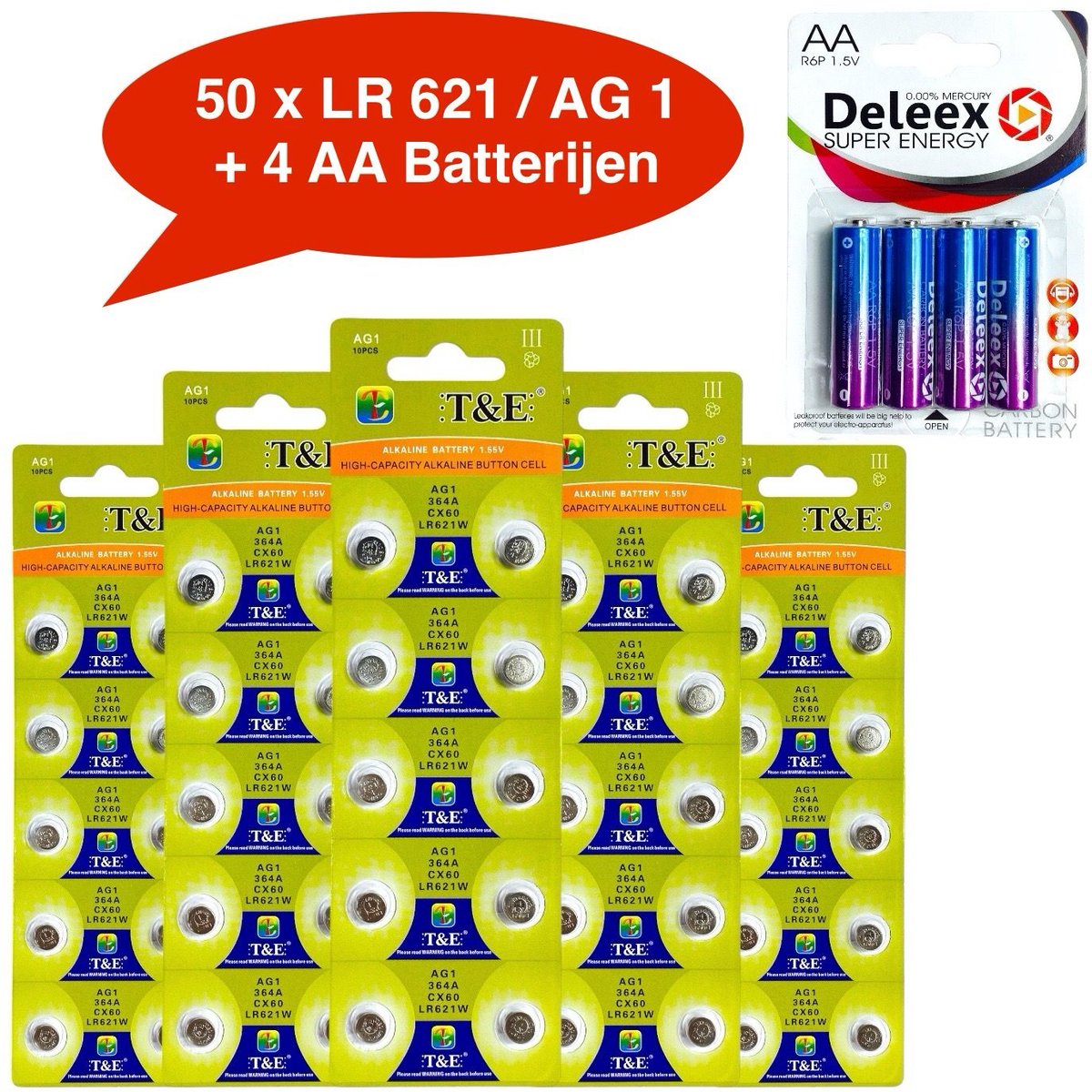 AG 1 / 364A Alkaline batterijen - 5x10 strips - 50 stuks knoopcel Tian Qiu batterijen (ook bekend als LR60 G1 164 GP64A 364 SR621W LR621 SR60 SR621)