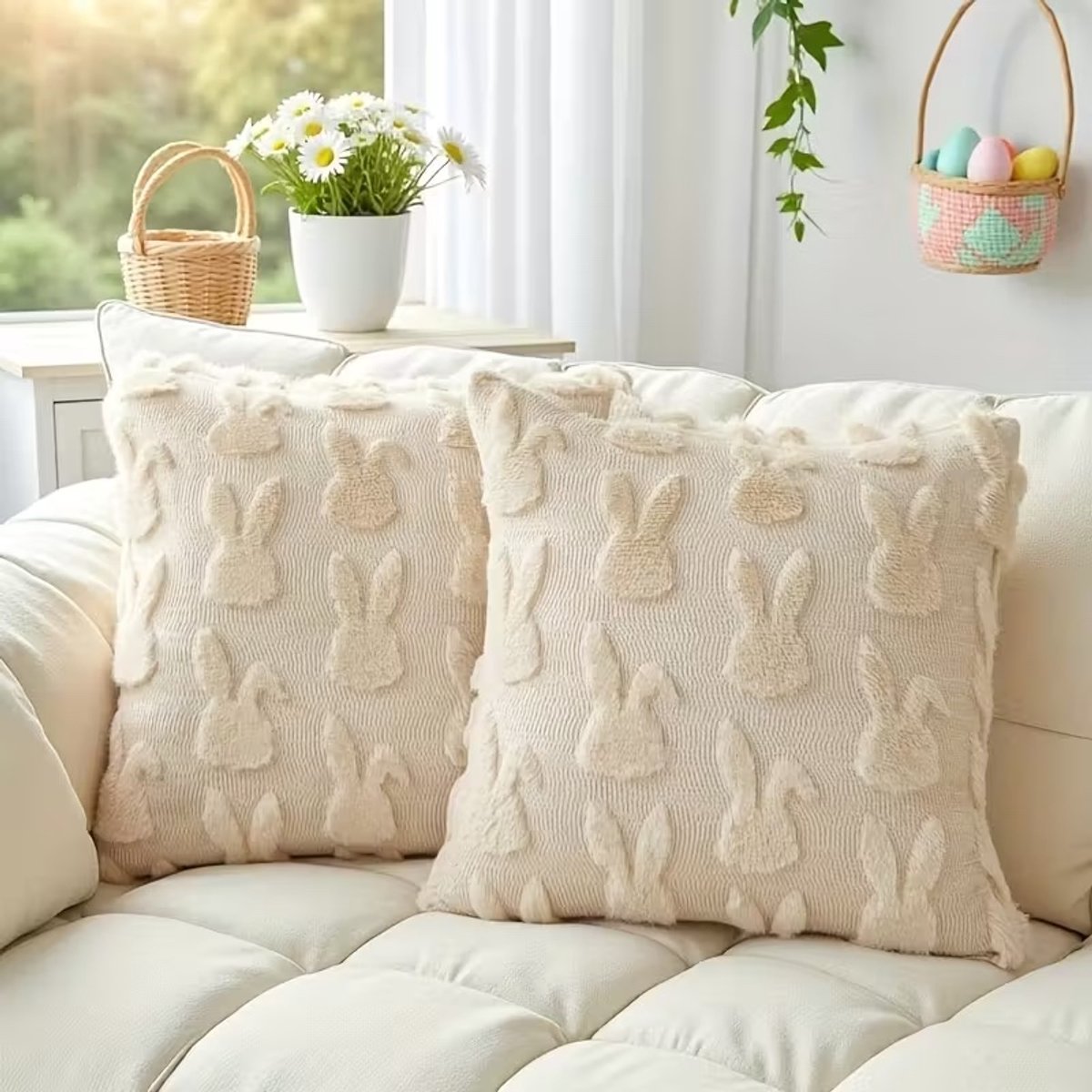Beige Kussenhoes 45x45 cm – Zachte Teddy Konijnenhoes – Fluffy Sierkussenhoes voor Woonkamer, Slaapkamer & Paasdecoratie – Zonder Binnenkussen