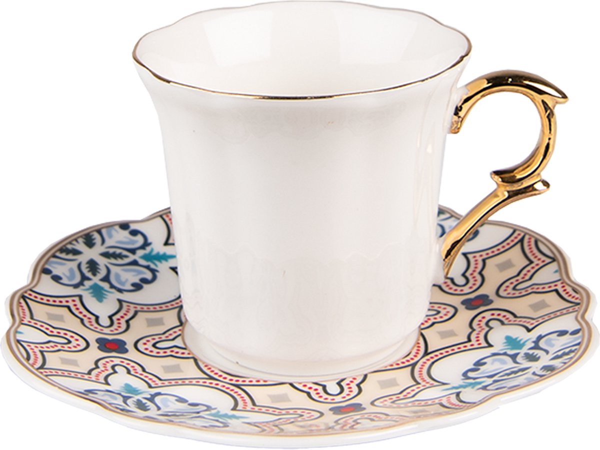 Clayre & Eef Kop en Schotel 95 ml Wit Beige Porselein