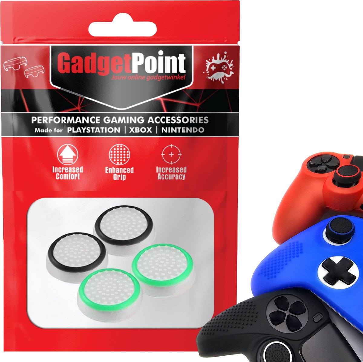 Gadgetpoint - Thumb Grips voor PlayStation, PS5, Xbox X/S, One & Switch Pro Controller - Gaming Thumbgrips - Performance Anti-Slip Thumbsticks - Bescherming Accessoires - Wit Zwart en Wit Groen