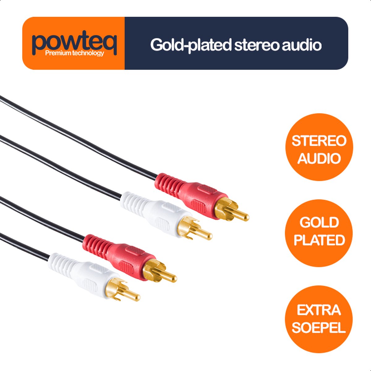 Gold-plated audiokabel - Powteq - 10 meter - 2 x RCA/Tulp - Composiet audio - Stereo audio -