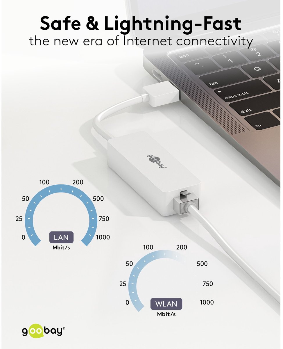 Goobay USB-A ethernetadapter wit 0,1 m, Gigabit LAN met 10/100/1000 Mbit/s via USB 3.0, voor pc en laptop