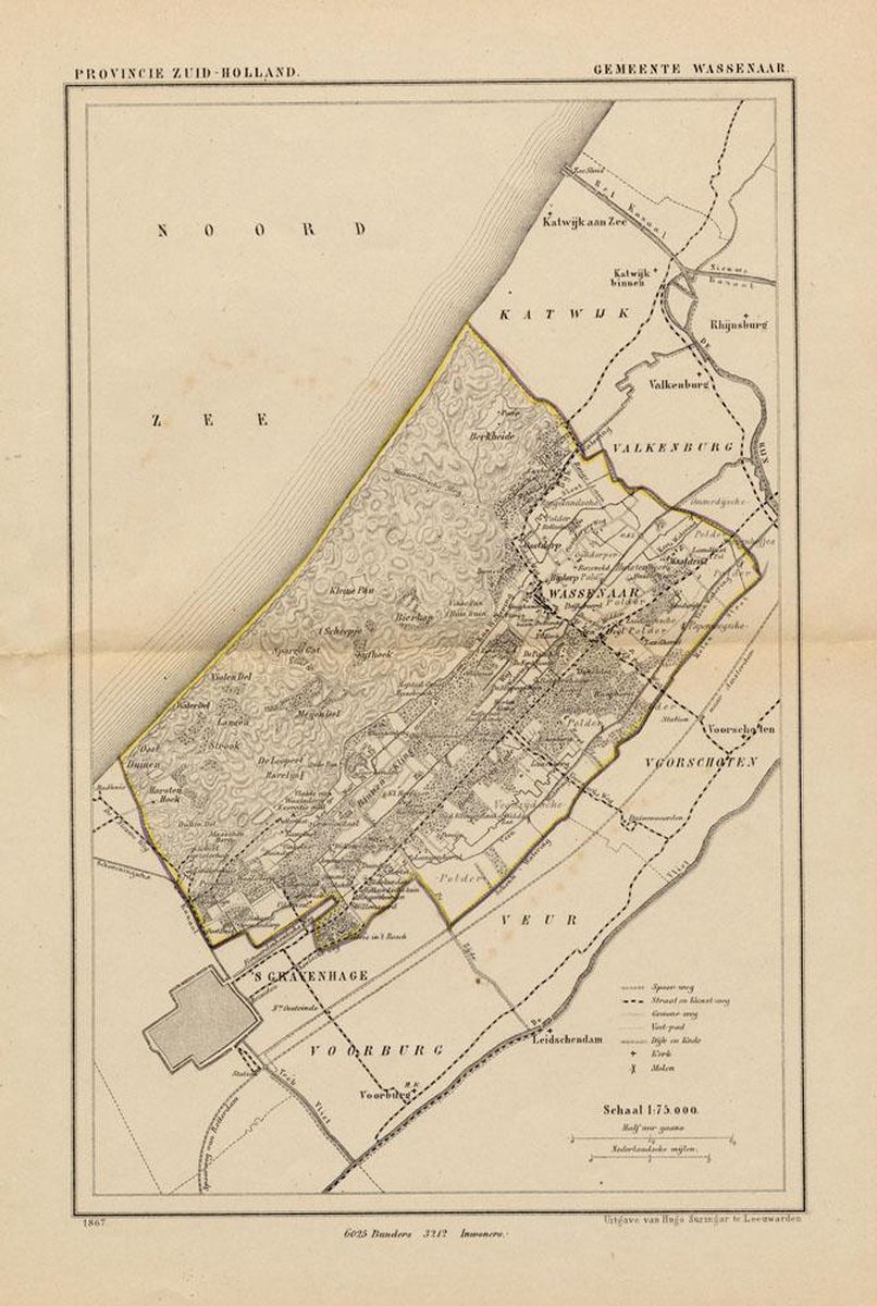 Historische kaart, plattegrond van gemeente Wassenaar in Zuid Holland uit 1867 door Kuyper van Kaartcadeau.com
