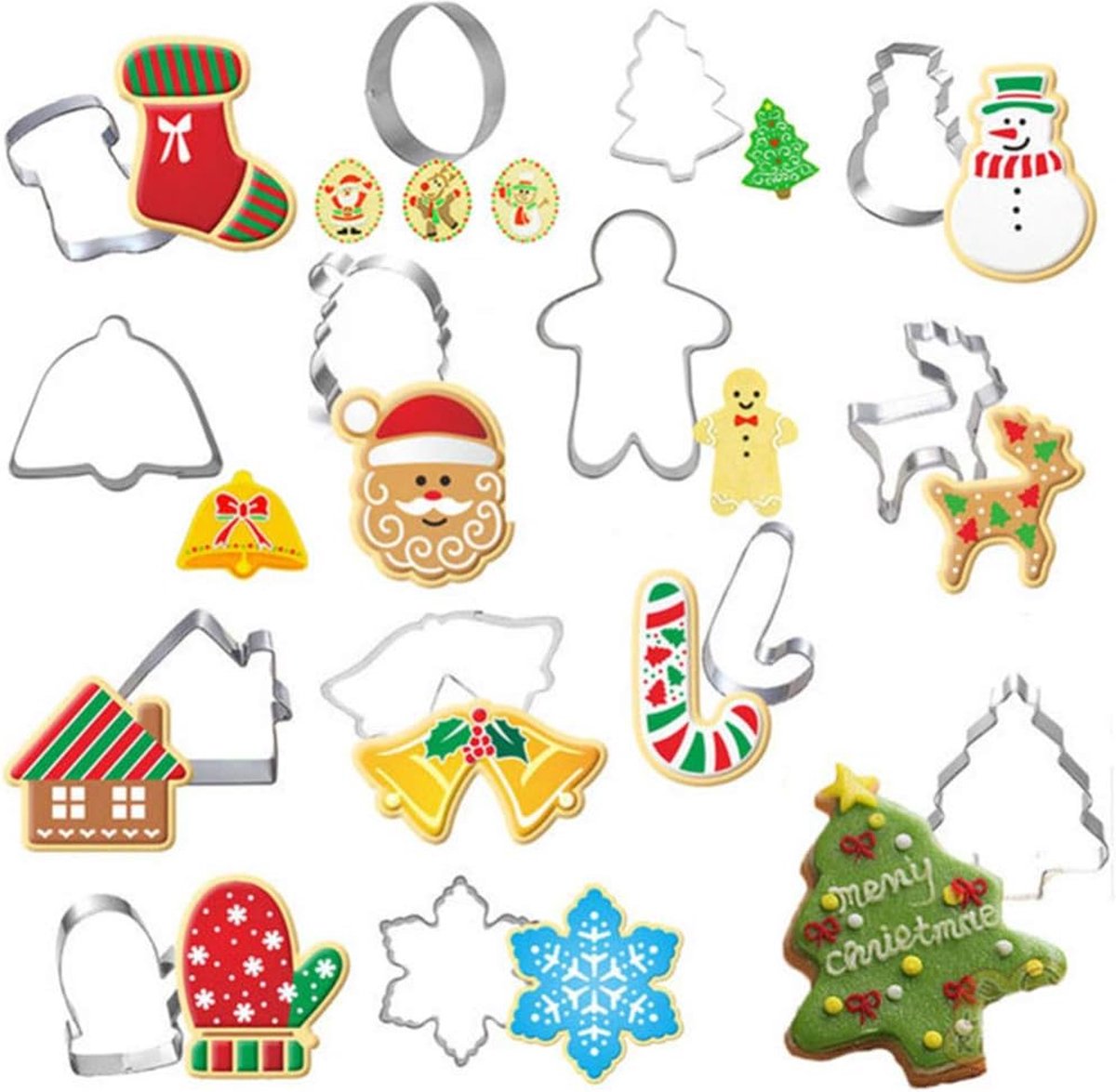 Kerst Uitsteekvormpjes - Set van 14 RVS uitstekers - Sneeuwpop, Kerstboom, Kerstman etc - Koekjes bakken/deeg uitsteken