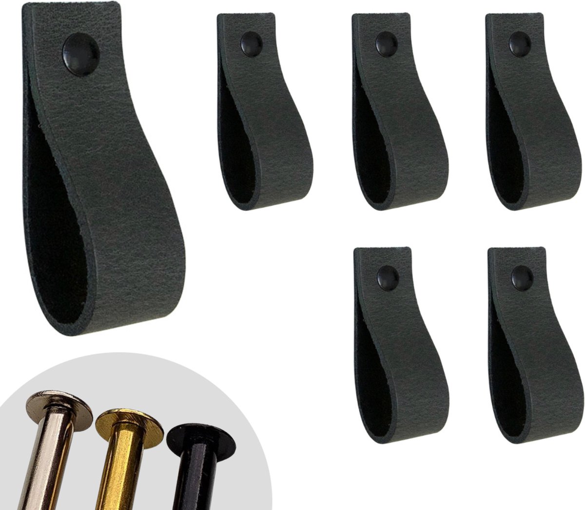 Leren lusjes - Antraciet - 6 stuks - incl. 3 kleuren schroefjes (leren handgrepen - leren handgreepjes - leren greepjes)