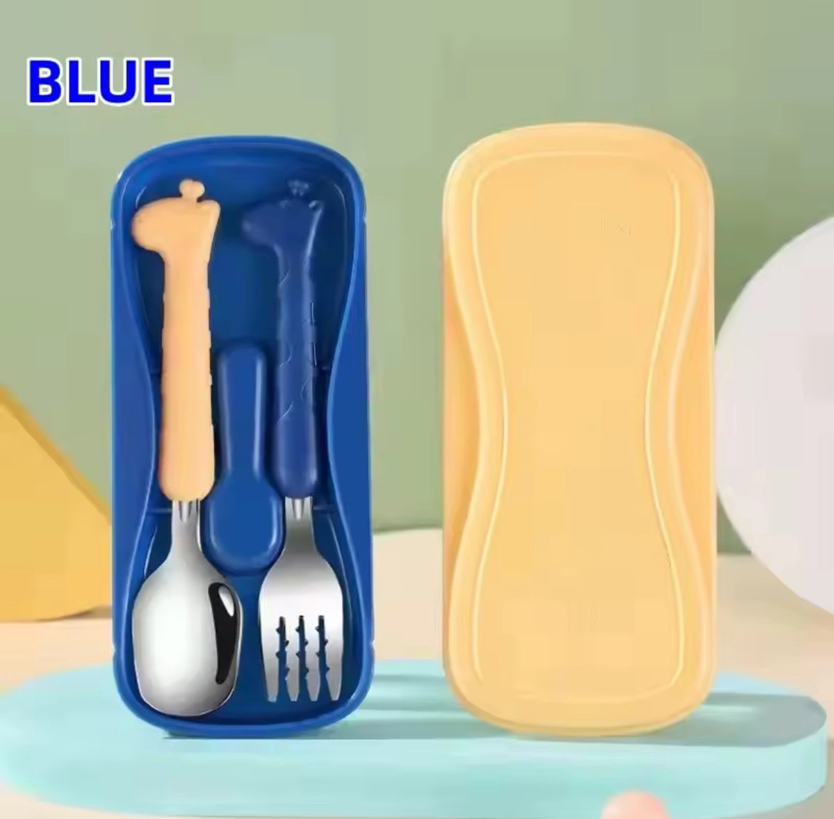 Little Olives - Vork en Lepel - Reisset - Baby bestek - Kinder bestek - Baby servies – Meeneem bestek – Picknick servies - Blauw - Geel - schattig bestekset - giraffe bestek