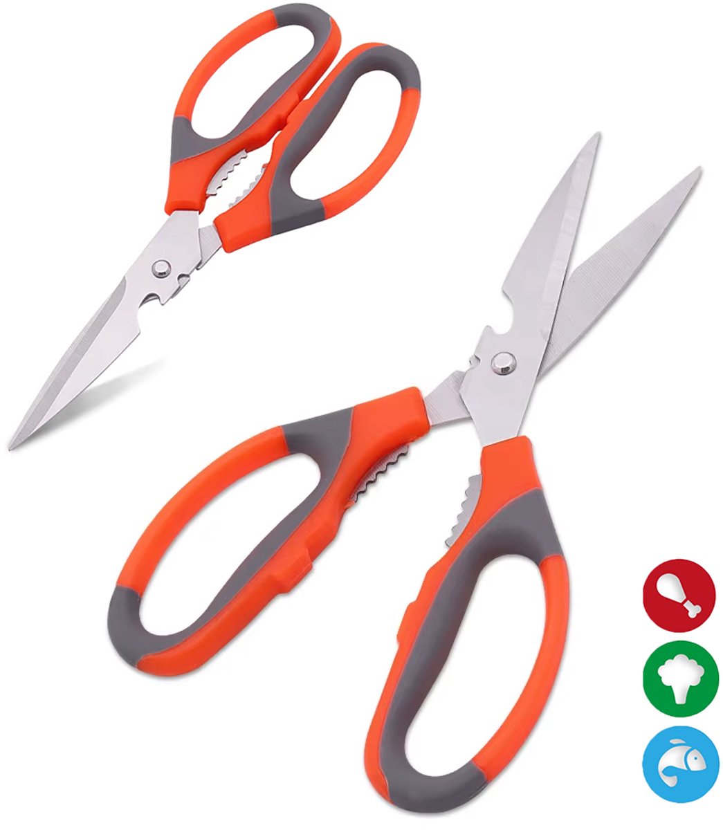 MOS Kitchen Knife - Multifunctionele Keukenschaar van Roestvrij Staal - Schaar geschikt voor Vissen, vlees - Met Bier Opener Walnoot Clip -