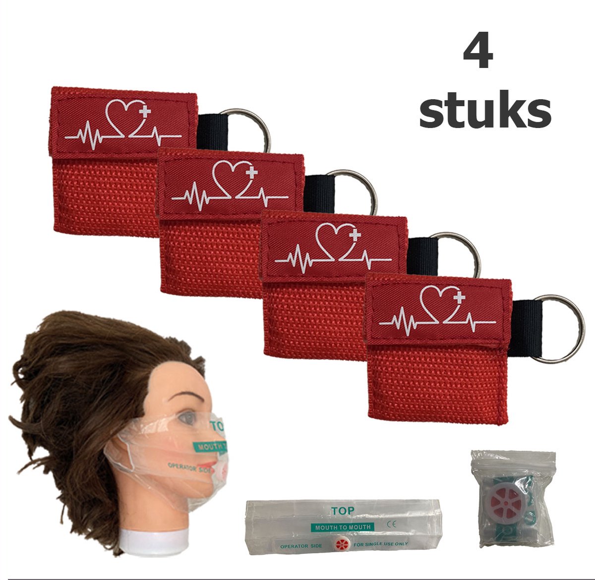Reanimatiemasker - Kiss of Life - Beademingsmasker - Sleutelhanger - Veilig reanimeren - Rood - 4 stuks