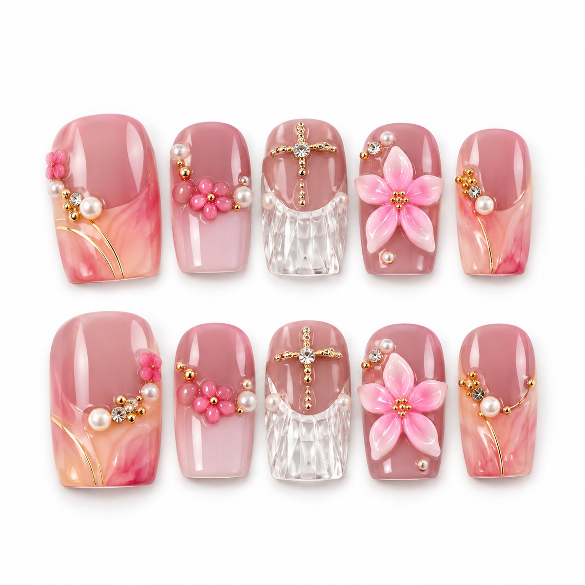 Sensova - False Nails - Press-On Nagels - Roze 3D Bloemdesign - Gouden Details - 10 Stuks