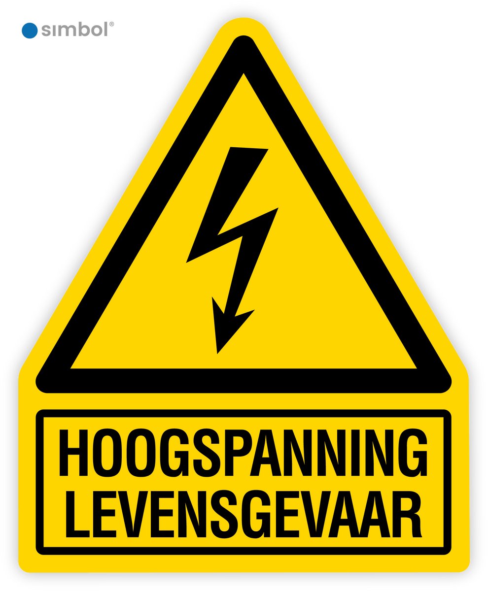 Simbol® - Stickers Gevaarlijke Elektrische Spanning - Hoogspanning Levensgevaar (W012) met onderbord - Formaat 20 x 24,6 cm.